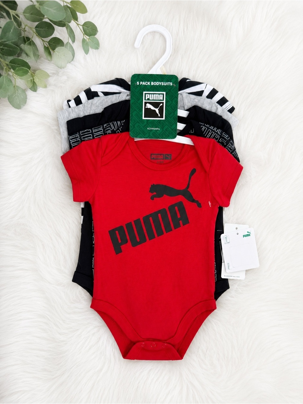 New Puma Baby 5 Pack Bodysuits Black Red Gray White Multi Logo Pattern 0-3 Month